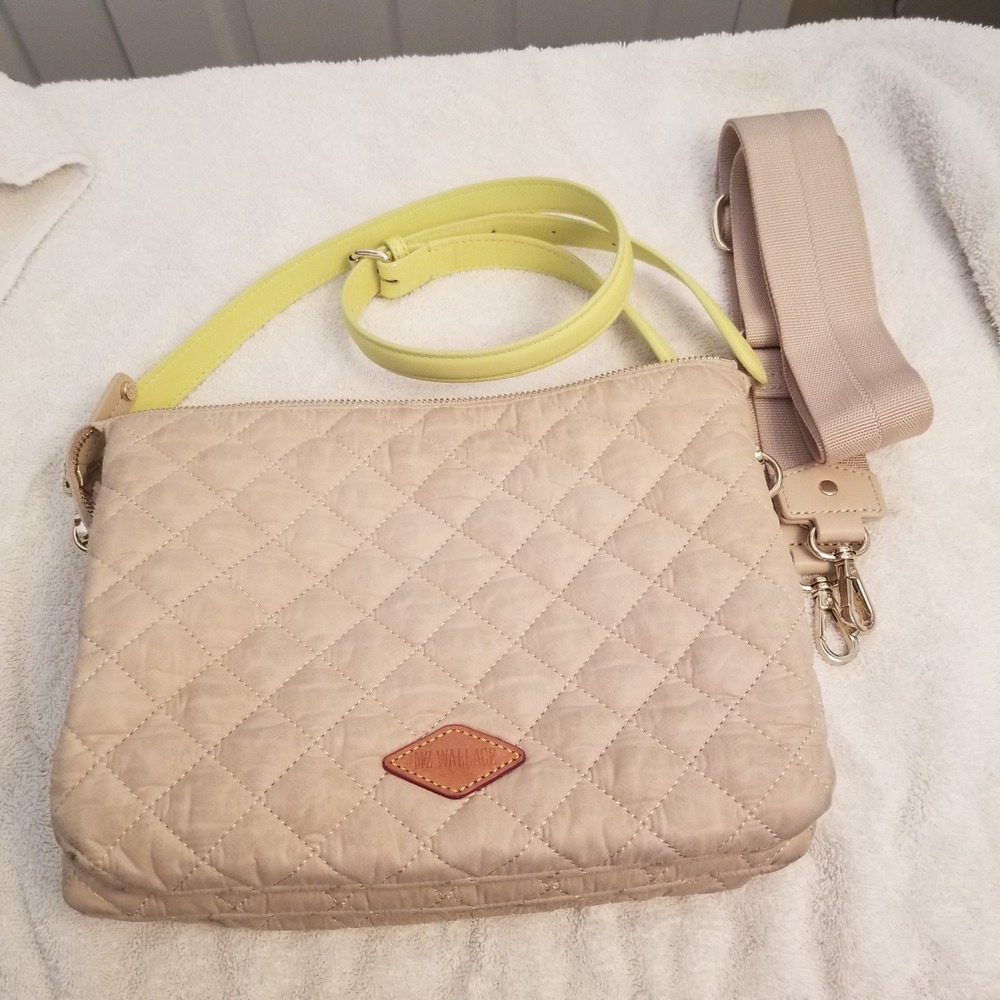 MZ Wallace Crosby Crossbody Bag Beige Quilted Nylon Green & Tan Straps Small Bag